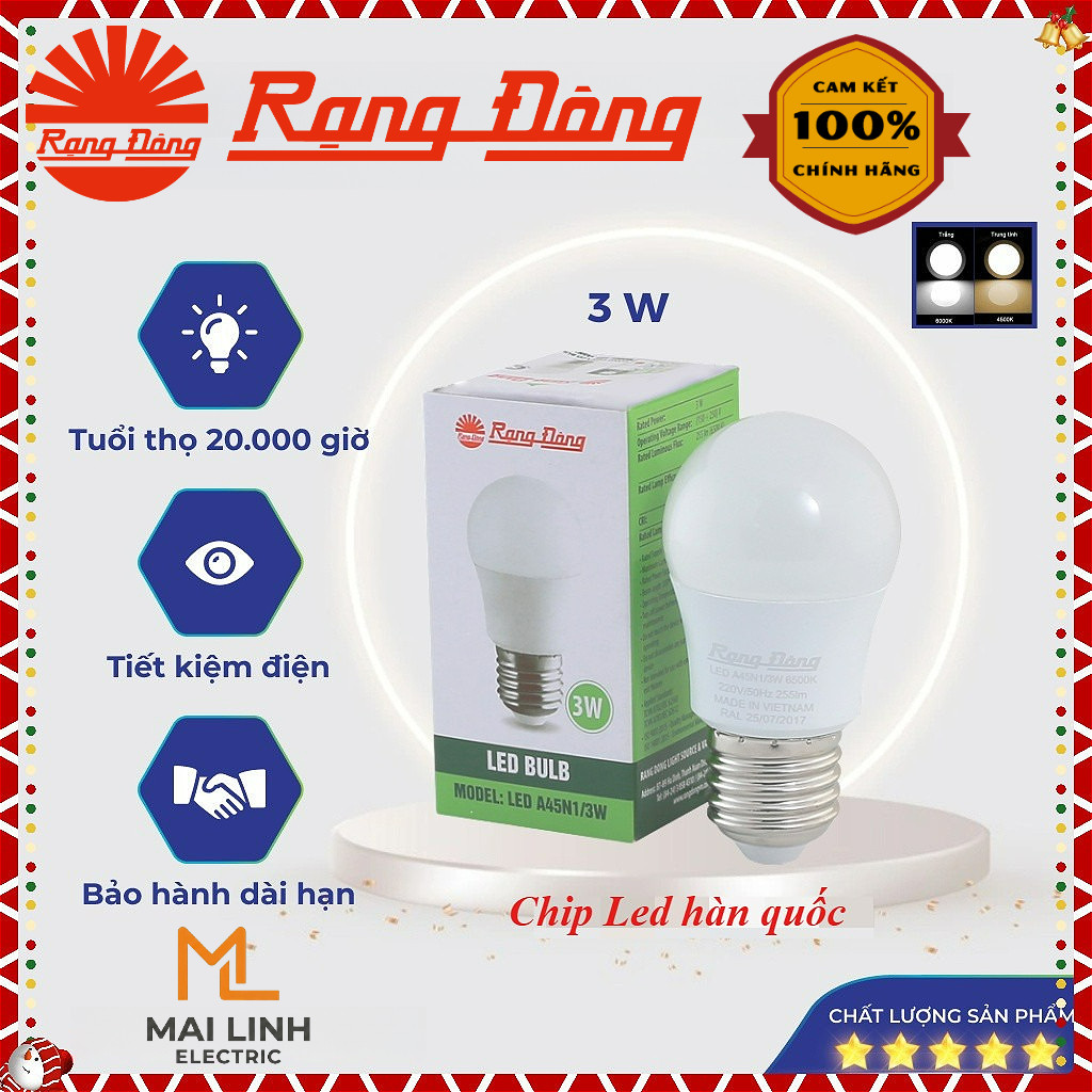 (Rạng Đông) Bóng đèn Led bulb tròn 3W - Đui E27 siêu sáng, tiết kiệm điện - MODEL Bulb A 3W