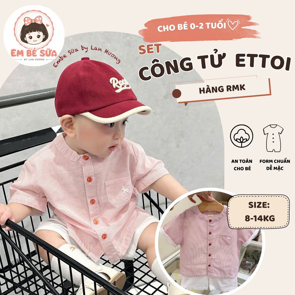 Set công tử Ettoi Rmk áo sơ mi hồng cổ trụ quần short trắng cho bé trai
