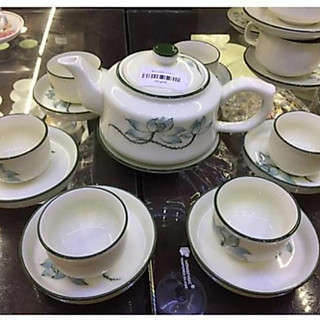Bộ ấm chén vẽ hoa sen xanh kẻ chỉ Bát Tràng , bộ ấm chèn pha trà gốm sứ Bát Tràng cực xinh yêu