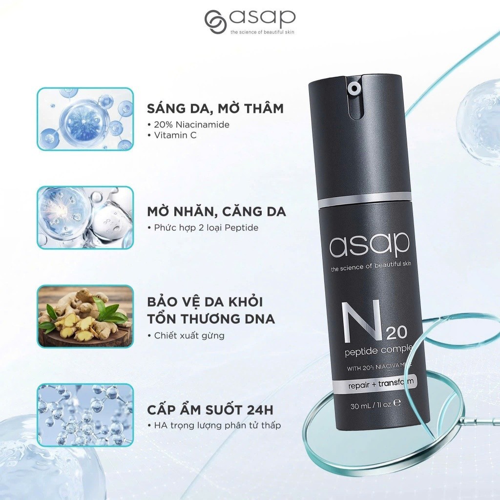 (Hàng công ty) Serum 20% Niacinamide ASAP N20 Peptide Complex with   Phục hồi, chống lão hoá, sáng d