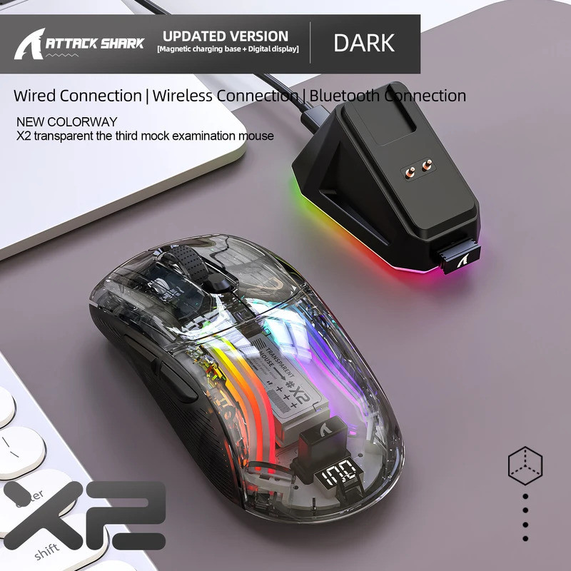 Chuột chơi game không dây ATTACK SHARK X2 Pro Đế sạc trong suốt ba chế độ RGB