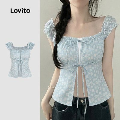 Áo Lovito phong cách thường ngày viền nhún bèo cột dây phối lưới tương phản mùa xuân/hè màu xanh dương cho nữ LK4AD384