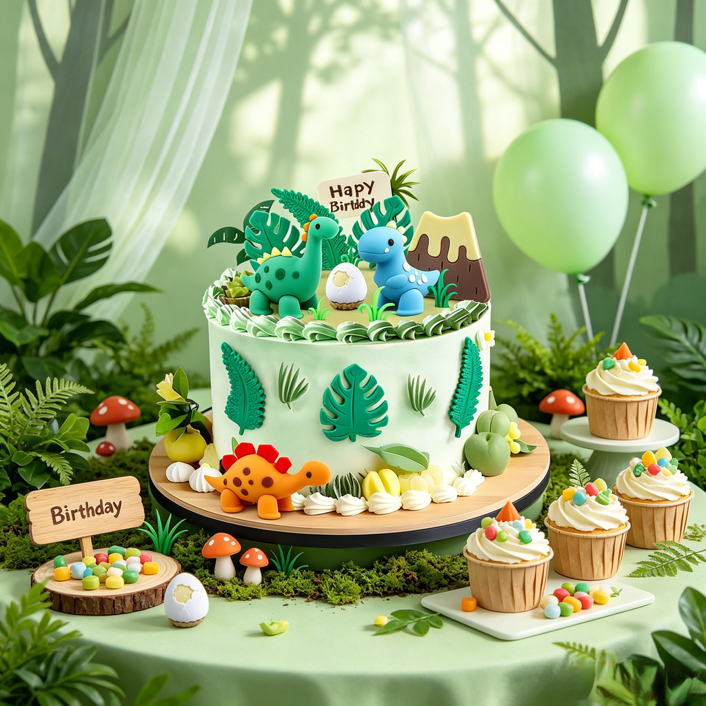 Kawaii Colorful Dinosaur Cake Figurine Green Jungle Leaf Cake Decor Baby Boy Birthday Party Cake Top