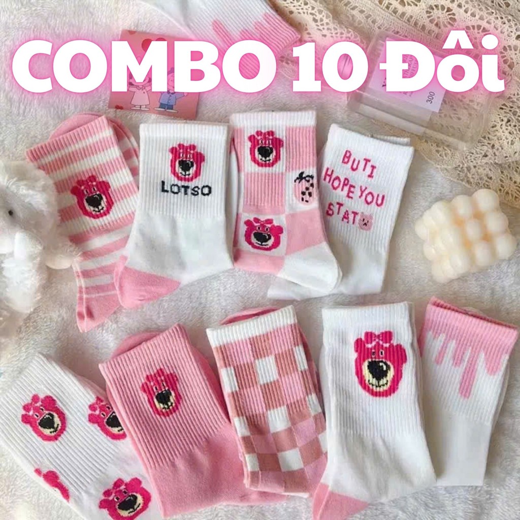 Combo 10 Đôi Tất Nữ Cổ Cao Gấu Hồng Lotso, Vớ Contton Thoáng Khí Cao Cấp Cỏ Bốn Lá - Cửa Hàng Dép