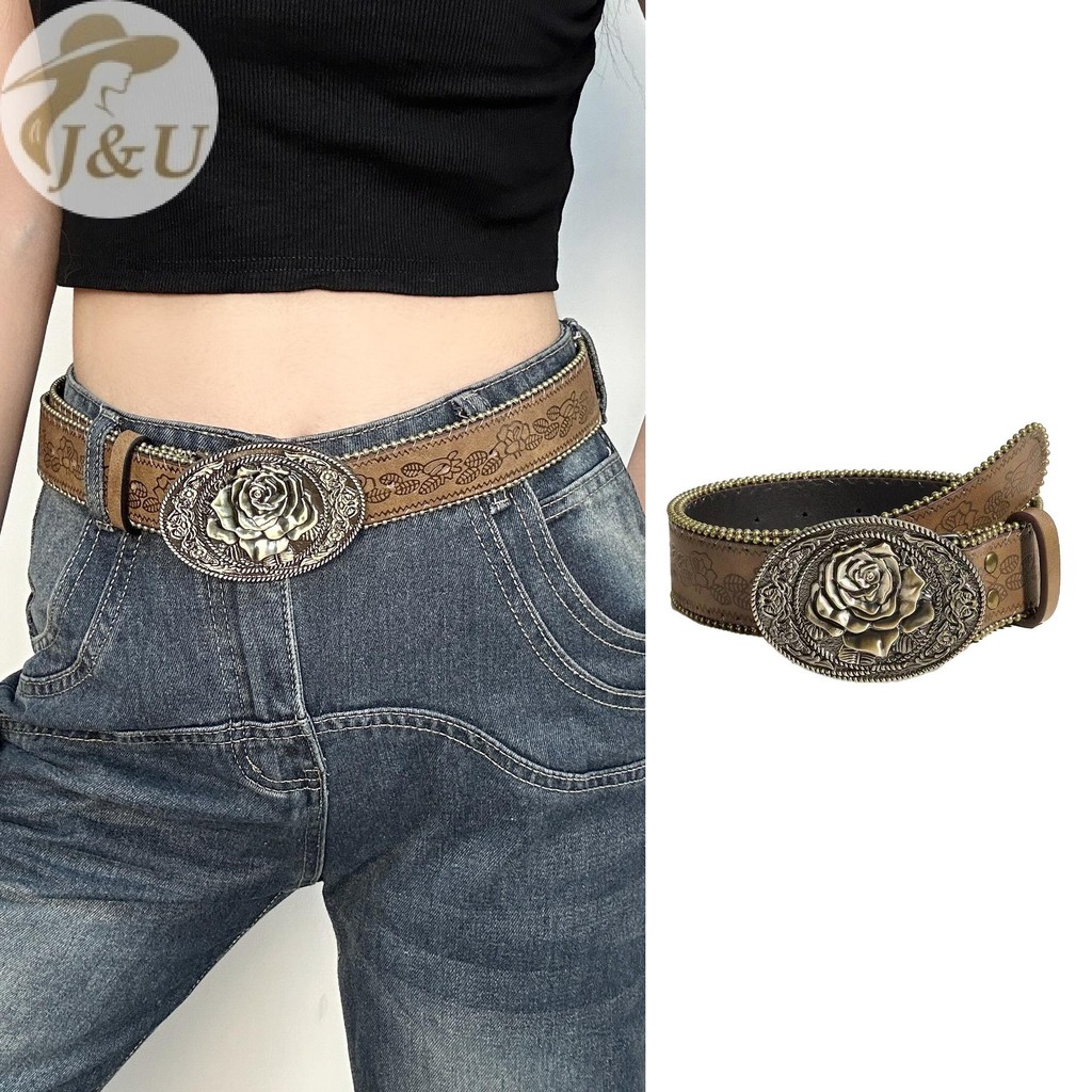 JU Thắt lưng boho rộng da nhân tạo, style vintage khắc khóa, màu nâu nổi, phù hợp với quần jean