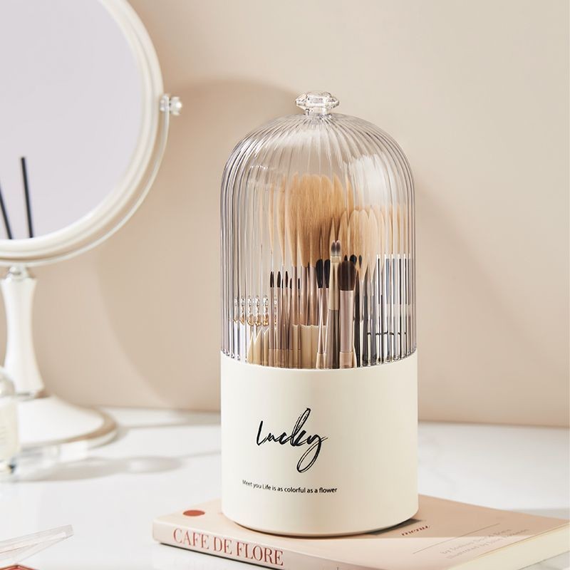 [Bộ sưu tập người 730] Thùng lưu trữ bàn chải trang điểm xoay 360 Bàn chải giữ bút chống bụi Bàn chả