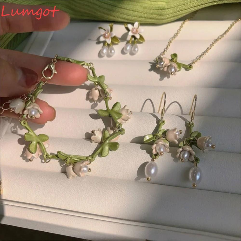 MERY Lily of The Valley Bộ trang sức, Vòng tay hoa lan trắng tua rua, Bông tai Lily of The Valley Qu