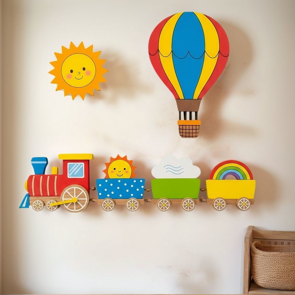 TQ~Super cute wooden wall decoration for children's room, cartoon train, hot air balloon, sun, rainb