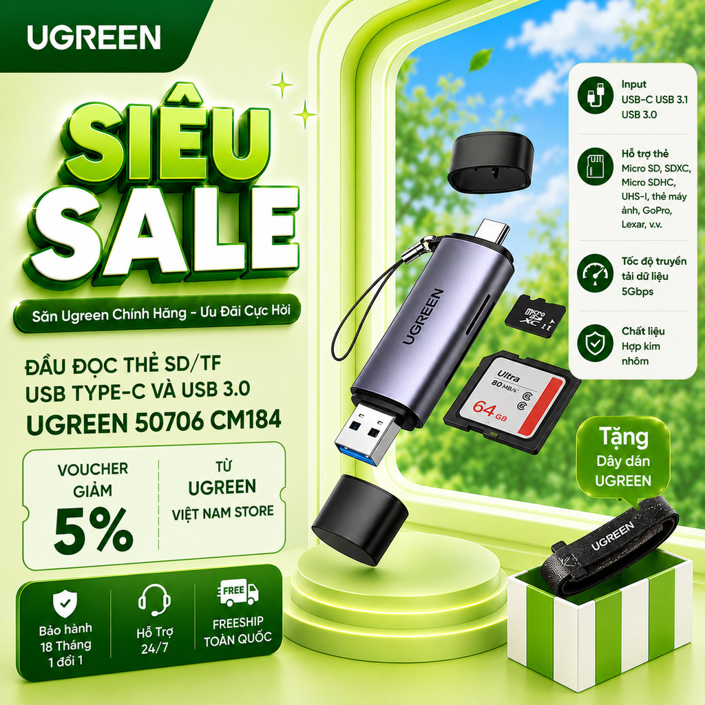 Đầu Đọc Thẻ SD TF USB 3.0 Type-C UGREEN 50706 80191 CM184 CM304 5Gbps OTG | Bảo Hành 18 Tháng
