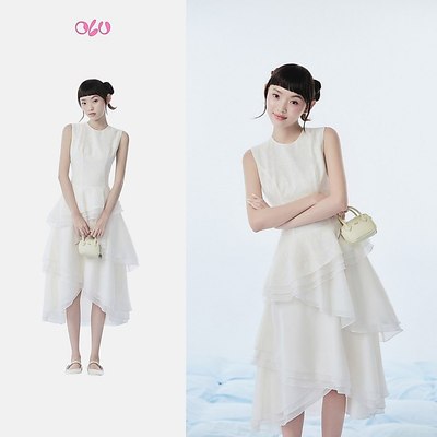 Đầm OLV chiết eo tầng xòe thanh lịch Ivory Chiffon Layered Fitted Waist Midi Dress phù hợp đi tiệc