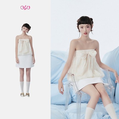 Áo bí OLV cúp ngực đính nơ Cream Bow Lace Puff Cup Top bồng bềnh phù hợp đi chơi
