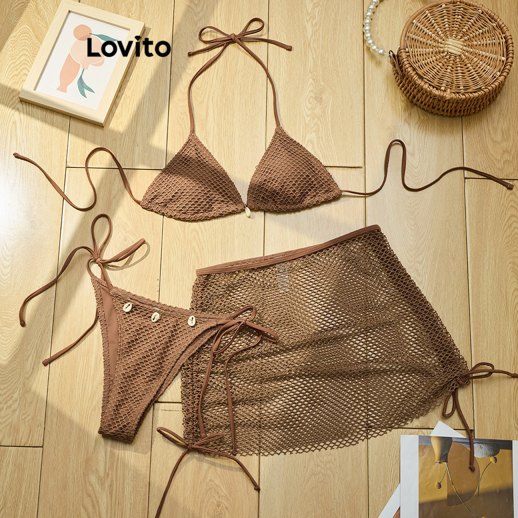Bộ bikini Lovito Boho màu trơn kết cấu tốt phong cách cho nữ LBL18863 | BigBuy360 - bigbuy360.vn