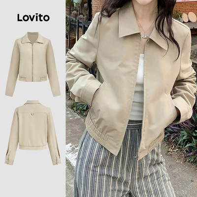 Áo khoác nữ Lovito kaki nhạt thu đông cổ điển đa năng hoạt động giải trí dây kéo phong cách thường ngày L151AD086