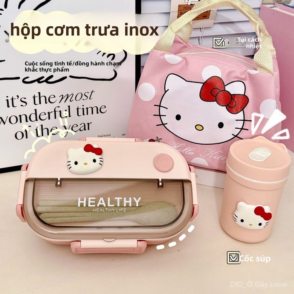 Hộp cơm inox 304 Hello Kitty có ngăn, hộp bento, hộp đựng thức ăn, khay cơm, hộp cơm căng tin, bát v