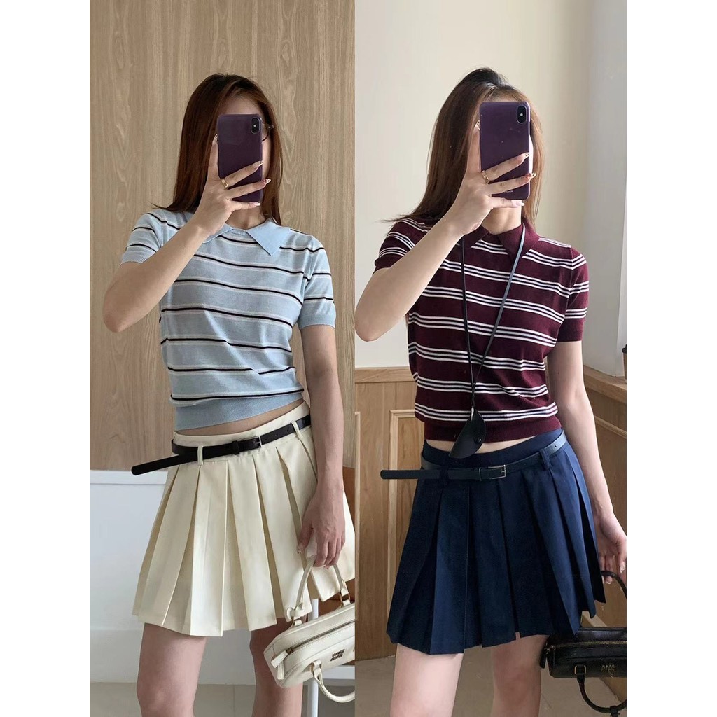 Áo polo dệt kim sọc hai màu phong cách otaku - Brave Home Base