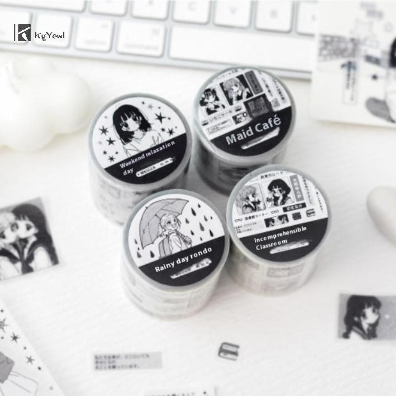 KgYewl 2m / cuộn Sổ Lưu Niệm Nhật Ký Album Văn Phòng Phẩm Miếng Dán Kawaii Nhật Bản Đen Trắng Manga 