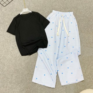  Set bigsize nữ áo thun basic nhiều màu phối quần ống rộng họa tiết tim dễ thương 50-90kg  G244-Q566  