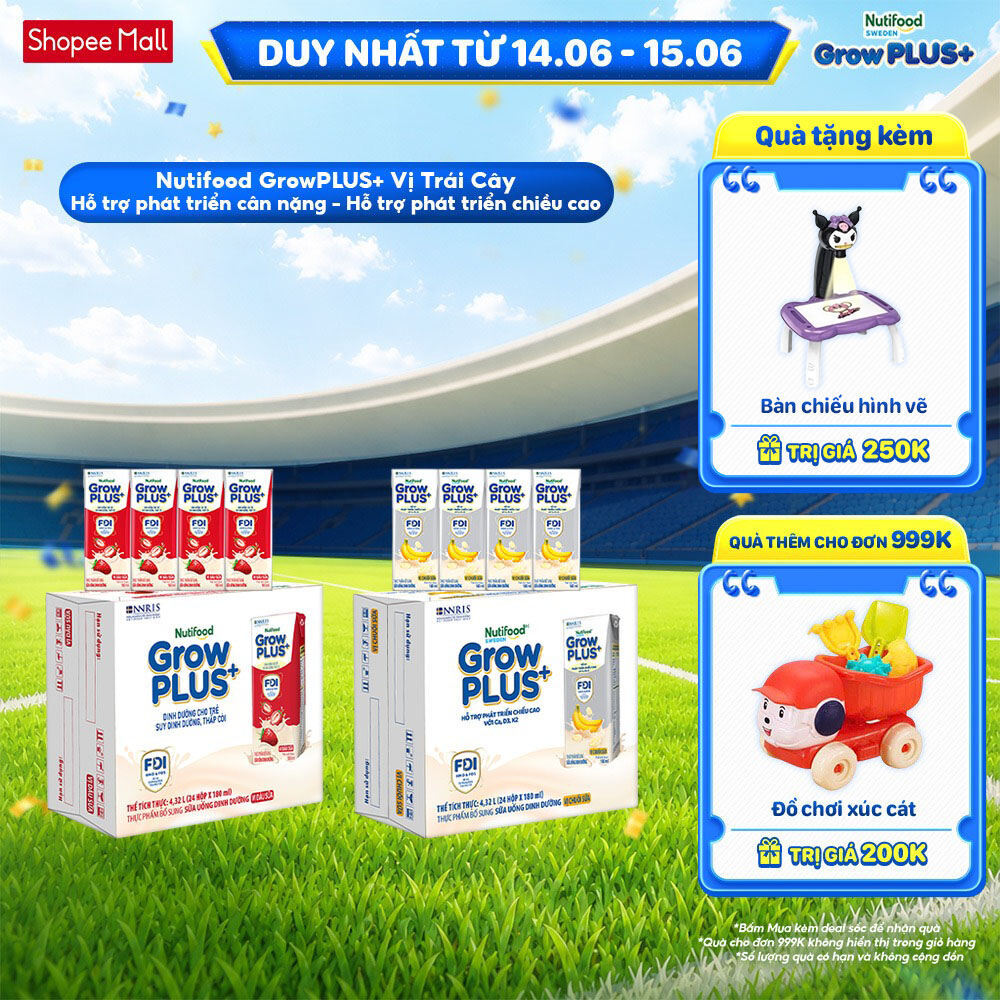 Combo 2 Thùng 24 hộp Sữa bột pha sẵn Nutifood Sweden GrowPLUS+ Vị Dâu 180ml & Vị Chuối 180ml