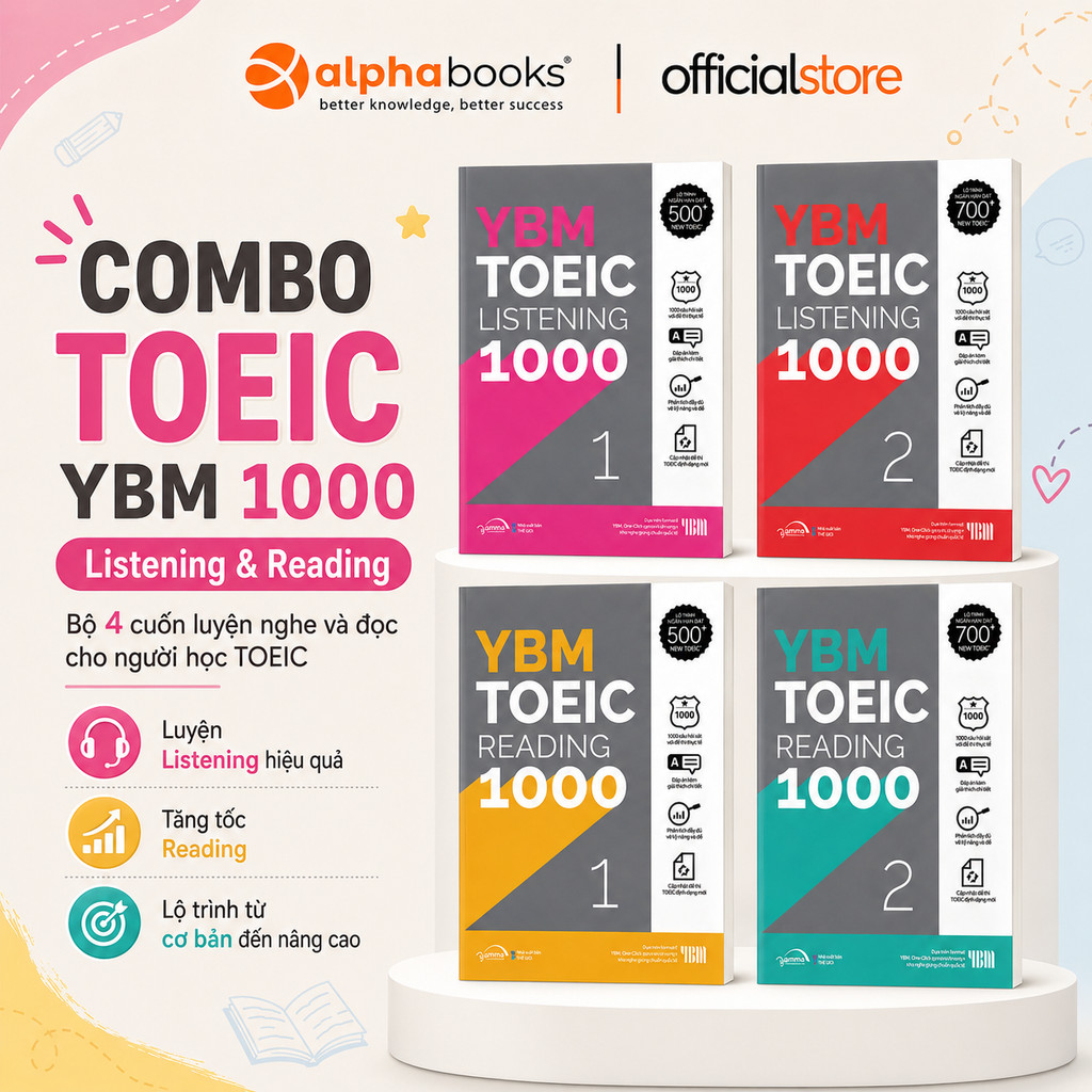 Sách - Combo YBM TOEIC 1000 (Trọn Bộ 4 Cuốn) - Kèm lời giải và hướng dẫn chi tiết (Gamma Books)