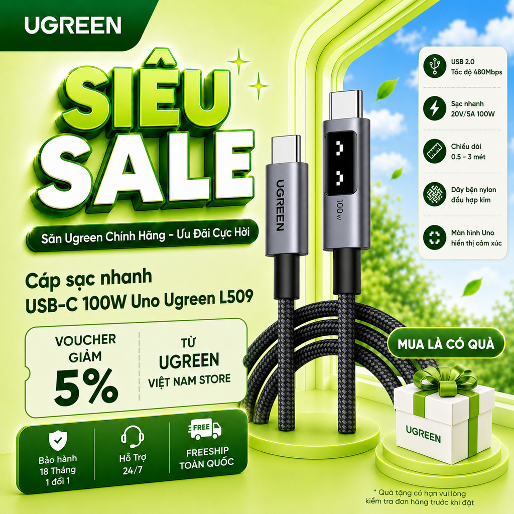 Cáp sạc nhanh USB-C Uno Ugreen L509, hỗ trợ sạc nhanh 5A 100W, truyền dữ liệu 480Mbps | BH 18 Tháng