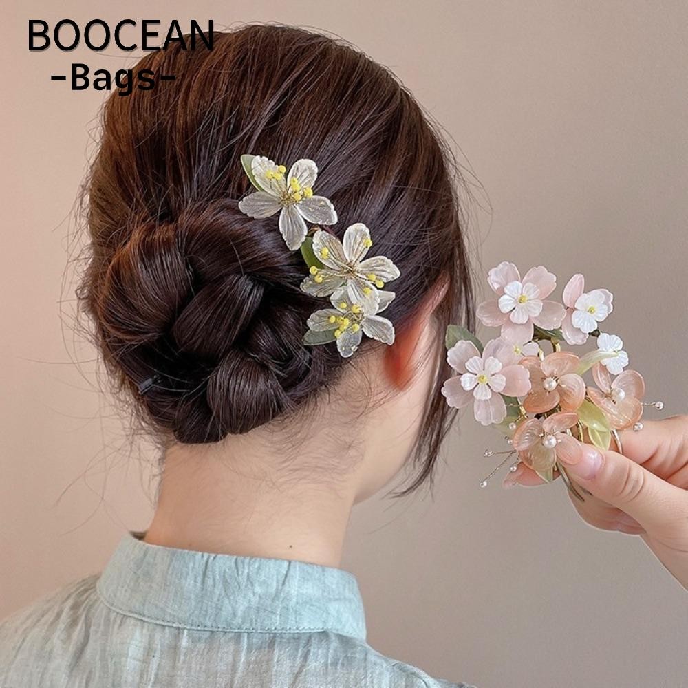 Lược chải tóc BOOCEAN dạng chữ U, kèm kẹp tóc hoa phong cách Trung Quốc