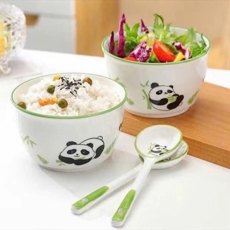 ( Tặng 2 Thìa ) Set 2 Bát Sứ Hình Gấu Trúc , set 2 bát 2 thìa ăn dặm cho bé. Hàng Đóng Hộp Xốp