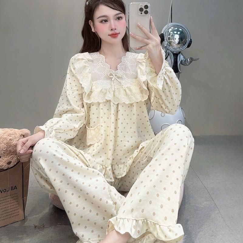 Sammy Bộ Mặc Nhà Cổ V Viền ren bản to chất liệu Đũi Vân mây hoạ tiết xinh xắn dễ thương cho Nữ DD22 Sammy nhiều màu sắc | BigBuy360 - bigbuy360.vn