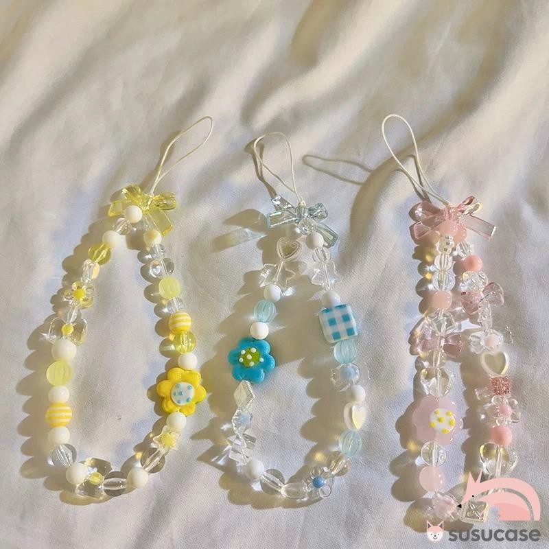 Dây đeo điện thoại sáng tạo hình nơ bướm hoạt hình hạt pha lê mặt dây chuyền vòng hình trái tim hoa nơ treo điện thoại