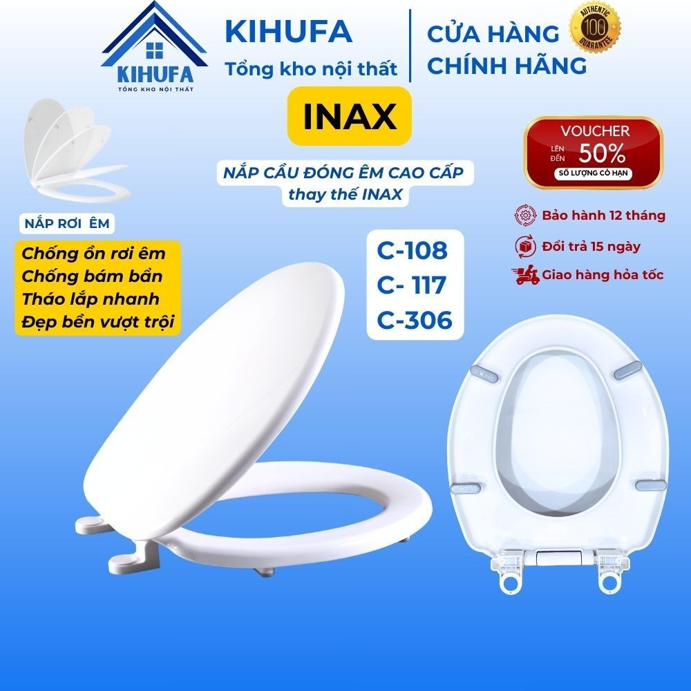 Nắp bồn cầu Đóng Êm thay thế chuẩn đẹp cầu INAX mã C108, C117, nắp bàn cầu Trắng Cao Cấp Chống Bám B