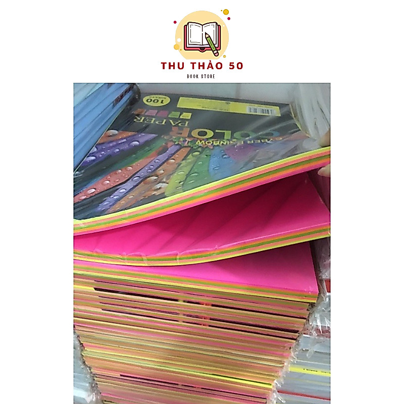 Giấy màu dạ quang A4 trộn 5 màu. - Văn phòng phẩm Thu Thảo
