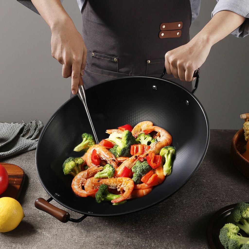 Nồi gang lớn 40cm hai tai, không phủ lớp chống dính, chống gỉ, đáy tròn, dùng cho bếp ga, nồi xào