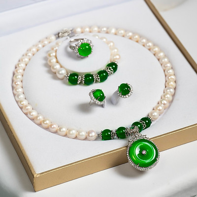 Bộ Trang Sức Ngọc Trai 10ly Mặt Đá Mã Não Đồng Điếu Xanh 4 Món Tặng Kèm Hộp - Ngọc Trai Trường Thịnh