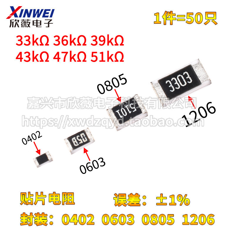 0402 0603 0805 1206 Điện Trở Chip 33K 36K 39K 43K 47K 51K Euro 1% Độ Chính Xác