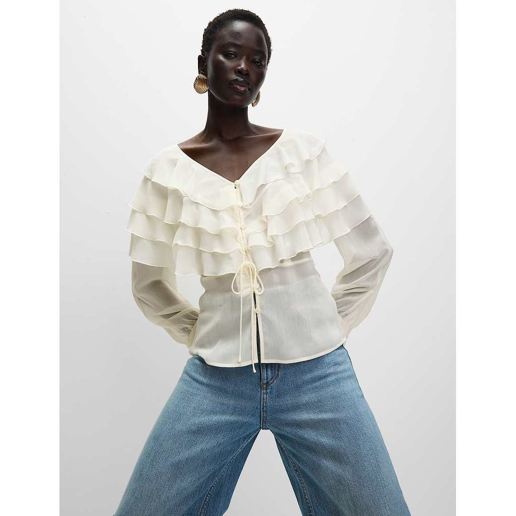 M&S - V-Neck Ruffle Tie Detail Button Through Blouse - IVORY