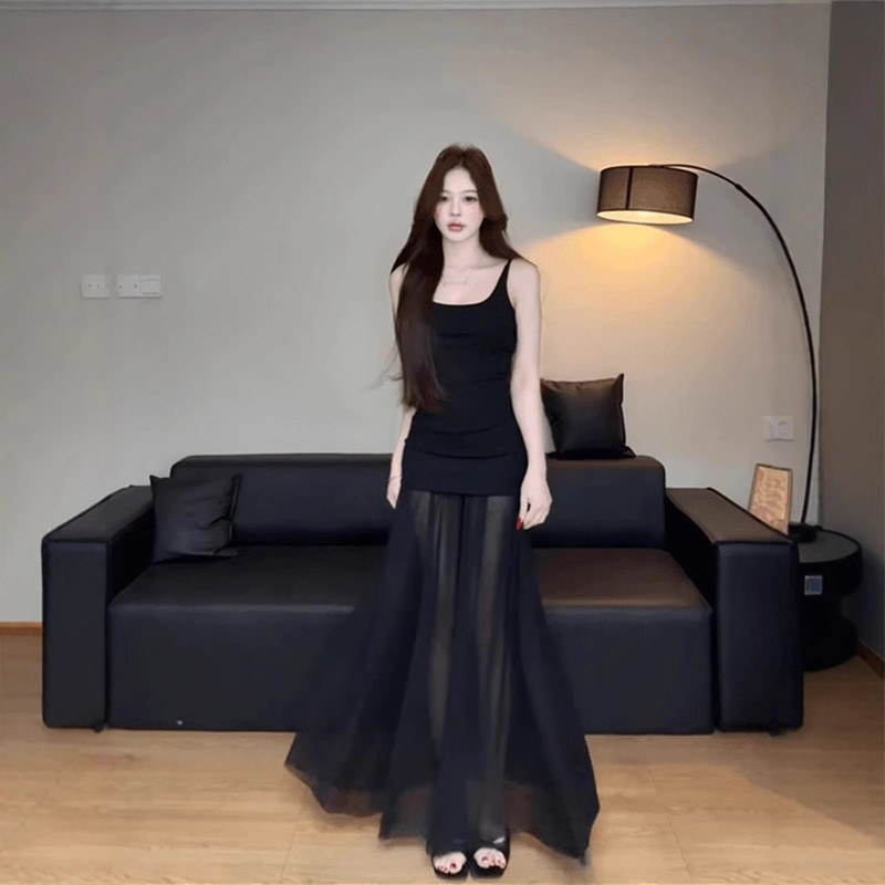 Cold Art Series Gạc Khâu Dệt Kim Suspender Váy Nữ Pure Desire Cổ Chữ U Co Giãn Off-the-Shoulder H