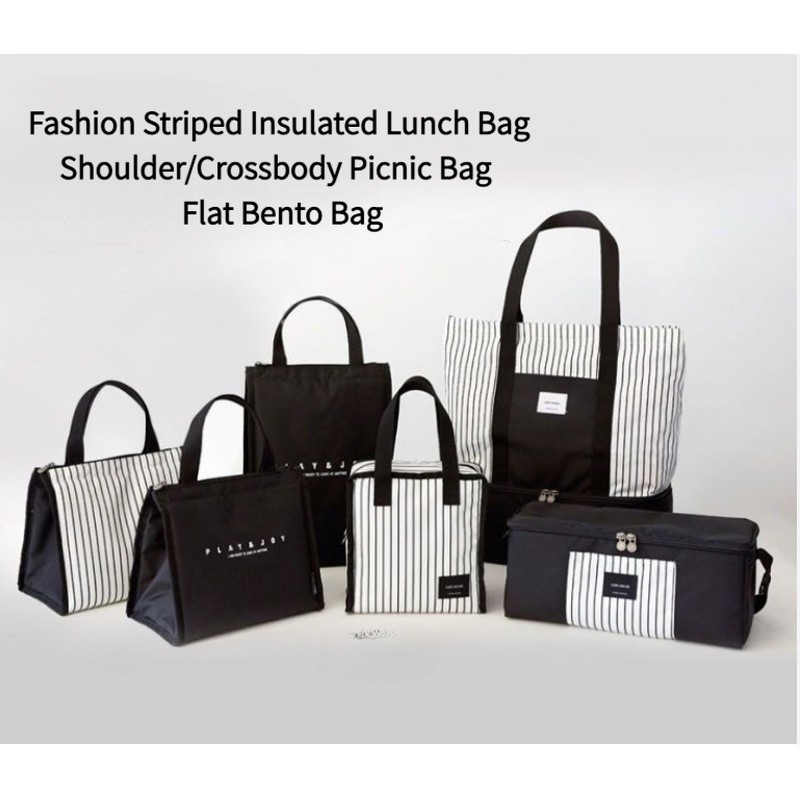 Fashion Striped Insulated Lunch Bag Shoulder Picnic Bag Portable Bento Bag Lunch Box Carrier Crossbo