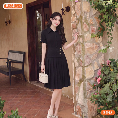 Đầm thiết kế BEMINE cổ sơ mi tùng váy xếp ly phù hợp đi làm-B648