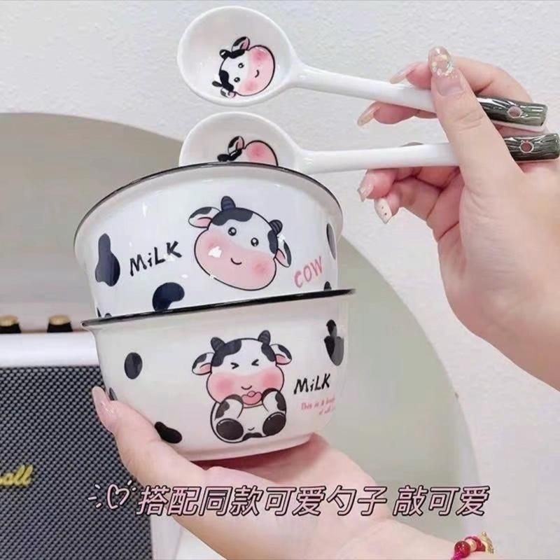 ( Tặng 2 Thìa ) Set 2 Bát Sứ Hình Bò Sữa , set 2 bát 2 thìa ăn dặm cho bé. Hàng Đóng Hộp Xốp