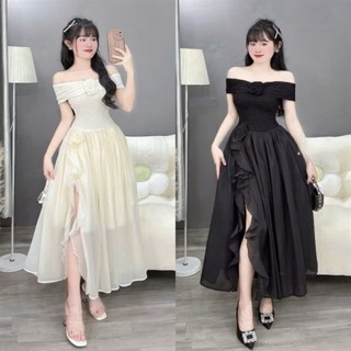  BIGSIZE HIẾU HIẾU  55-100KG  - Đầm nữ voan bẹt vai xẻ đùi đính tag hoa dáng dài D530 