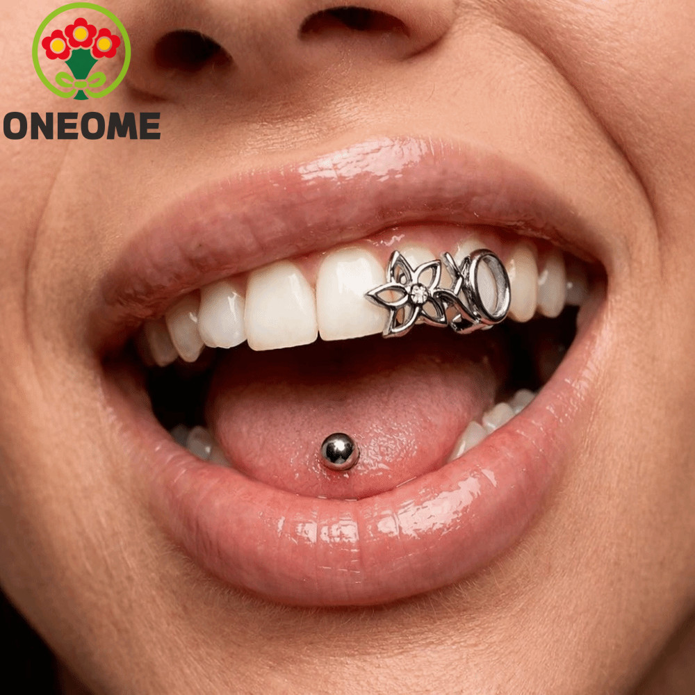 ONEOME Đôi Rỗng Hoa Grillz, Bạc Răng Grillz, Hoa Văn Cánh Hoa Vintage Đồng Bóng Hình Không Đều Răng 