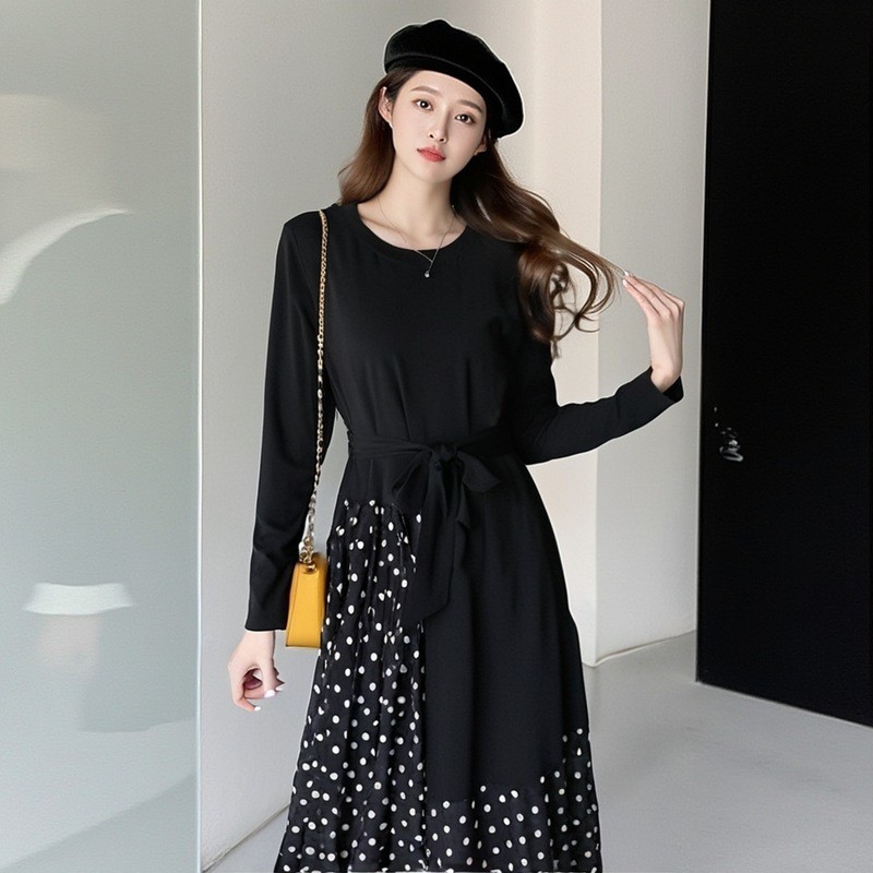 60616 Extra Fat Extra Large 100kg Plus Size Quần Áo Nữ Béo mm Váy Phong Cách Mùa Xuân Chấm Bi Váy Gi