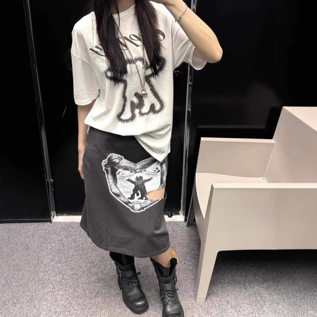 MJXM OPEN YY Korean heart-print irregular design cut-out ribbon midi skirt, slim fit
