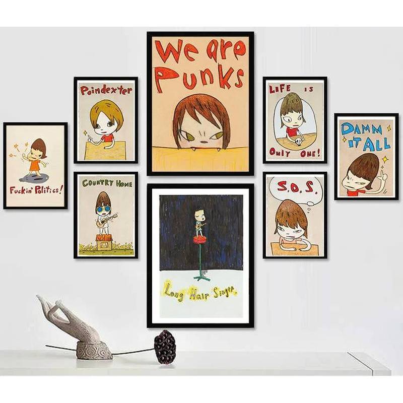 Bộ nghệ thuật treo tường bằng vải Canvas phong cách Yoshitomo Nara We Are Punks S.O.S. Damm It All R