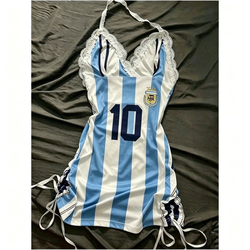 World Cup sọc trắng xanh Argentina No. 10 Messi Áo Bóng Đá Bé Cổ Vũ Đầm Ren Hông Quấn Xanh Trắng Sọc