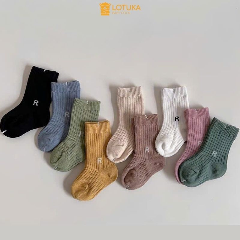 Tất Cotton Chữ R Cho Bé, Vớ Cao Cổ LOTUKA Tập Đi Bé Trai Bé Gái, Tất Thể Thao, Tất Trẻ Em 0-12m