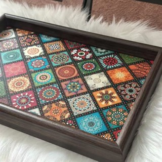  Khay phục vụ bằng gỗ nguyên khối phong cách Bohemian - Đĩa ăn nhẹ vuông trang trí cho bữa sáng trà chiều Thiết kế hạt gỗ Ả Rập để trang trí nội thất 