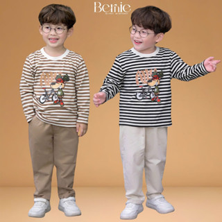 Set bộ tay dài kẻ sọc ngang phối màu họa tiết hình in quần kaki cho bé trai 1 đến 7t BERNIE H0725B54