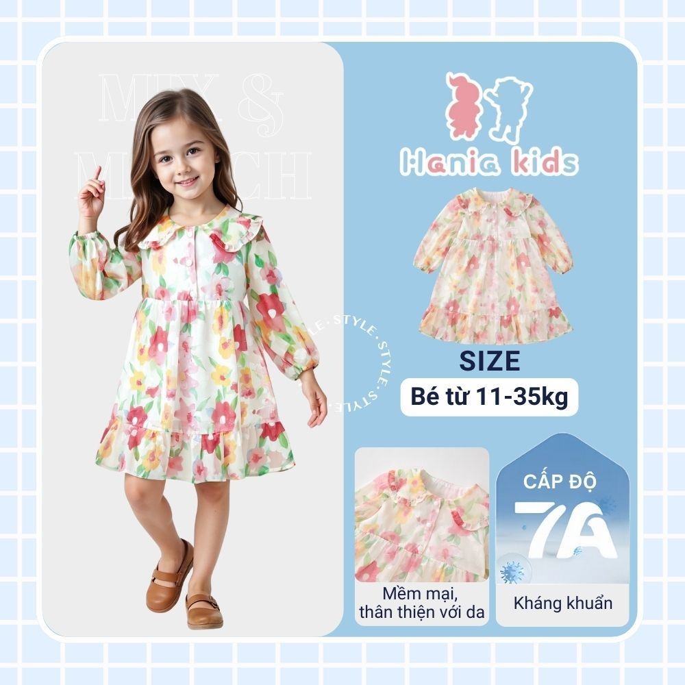(COD)VÁY HOA BABYDOLL, VÁY HOA BABYDOLL TAY DÀI DÁNG XÒE SIZE 90-140 CHẤT LƯỢNG CAO CHO TRẺ EM