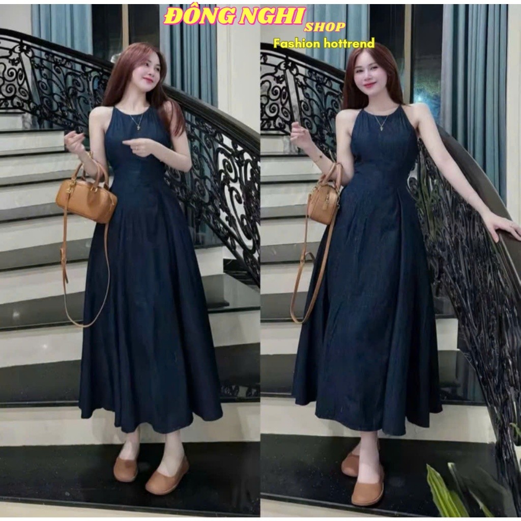 Đầm Jean Nữ Sành Điệu, Đầm đi chơi Jean Lụa mịn, Váy Jean Nữ Thiết Kế dáng dài xoè cổ yếm sang chảnh