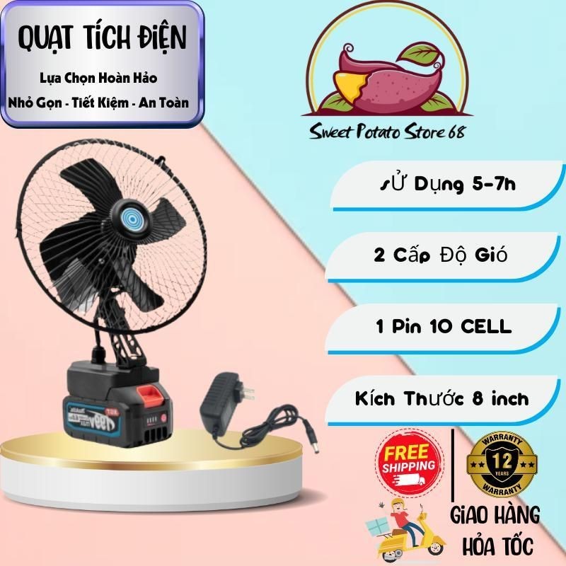 Quạt Tích Điện Pin 10-20 Cell Dùng Liên Tục 6-12H, Pin Makita, Quạt Khung Kim Loại 2 Cấp Độ Gió Siêu